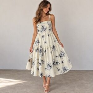Express Womens Floral Tiered Midi Party Date Dress Cream Navy Blue Size L NWT